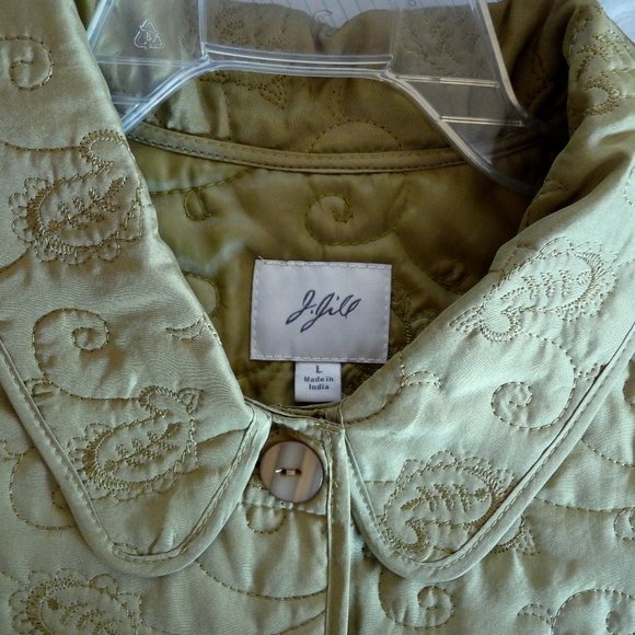 J Jill  green silk embroidered quilted jacket L button front light weight - Picture 3 of 4